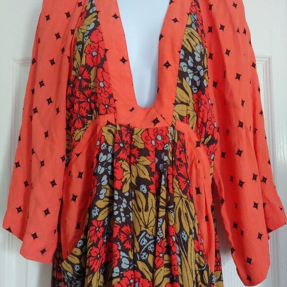 Free People Tallula Poppy Orange Floral Bell Sleeve Deep Pockets Mini Dress M - Picture 5 of 15